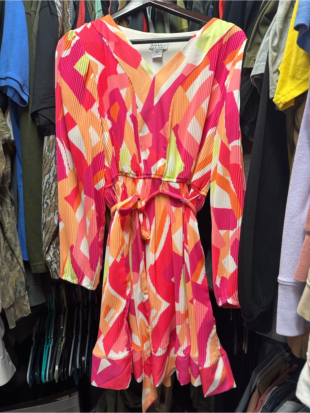 Vibrant Pink & Orange Abstract Wrap Dress Nicole Miller
